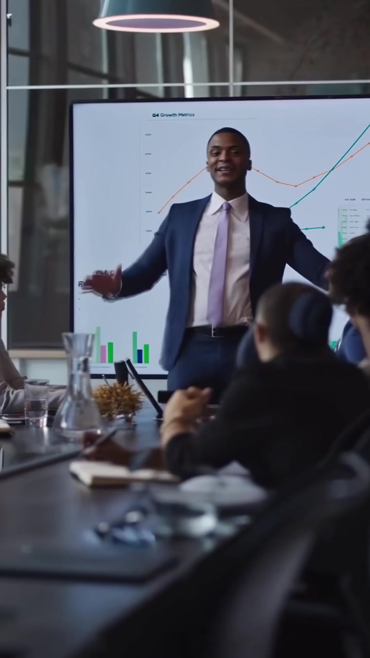 Businessman Presenting Growth Metrics to Colleagues in a Meeting