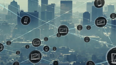 animation of network of connections with icons over cityscape