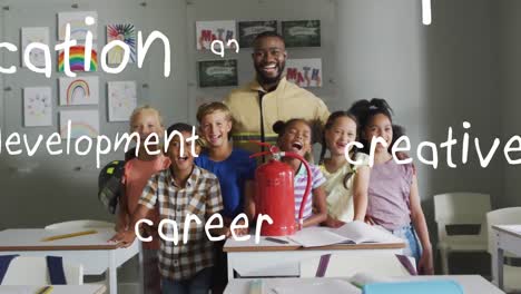 animation of education words over african american male teacher and pupils with fire extinguisher
