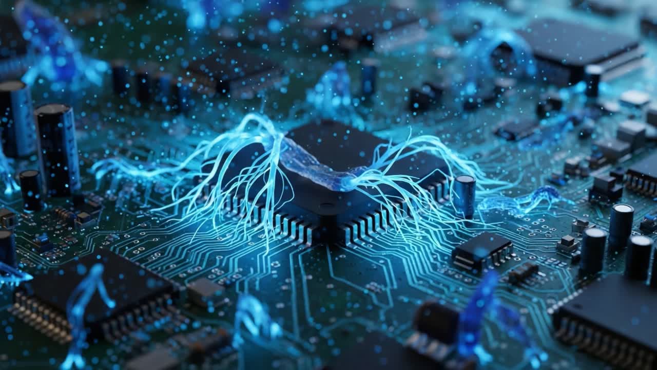 Exploring the Intricate Details of a Circuit Board with Dynamic Blue Energy Flow Representing Connectivity and Technology Innovations