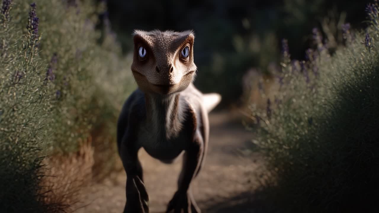 Un'affascinante creatura dinosauro cammina attraverso un bellissimo campo di lavanda, mettendo in mostra le sue caratteristiche uniche, gli occhi luminosi e il comportamento vivace in un vibrante contesto naturale.