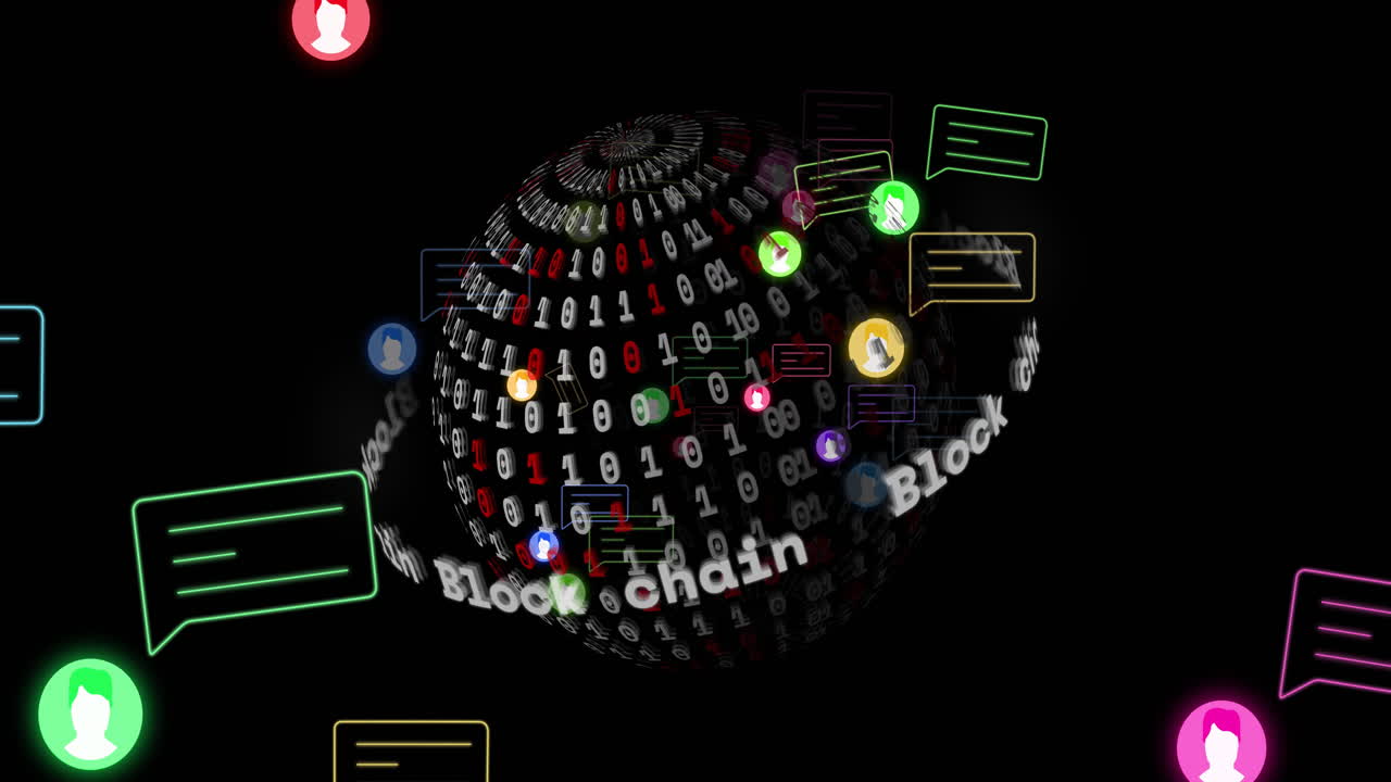 블록 체인 텍스트, 바이너리 코딩 및 디지털 데이터 처리의 애니메이션