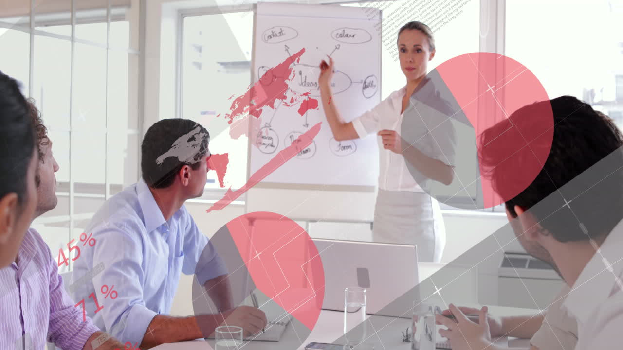 animación del procesamiento de datos estadísticos contra una mujer caucásica que hace una presentación en la oficina