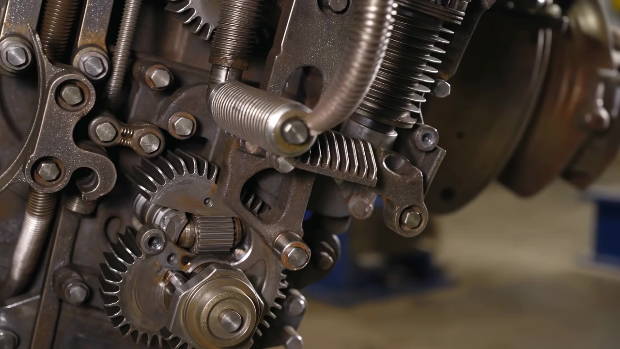Detailní záběr na historický mechanický převodový mechanismus s opotřebovanými ocelovými ozubenými koly, vinutou pružinou a hřídelí.