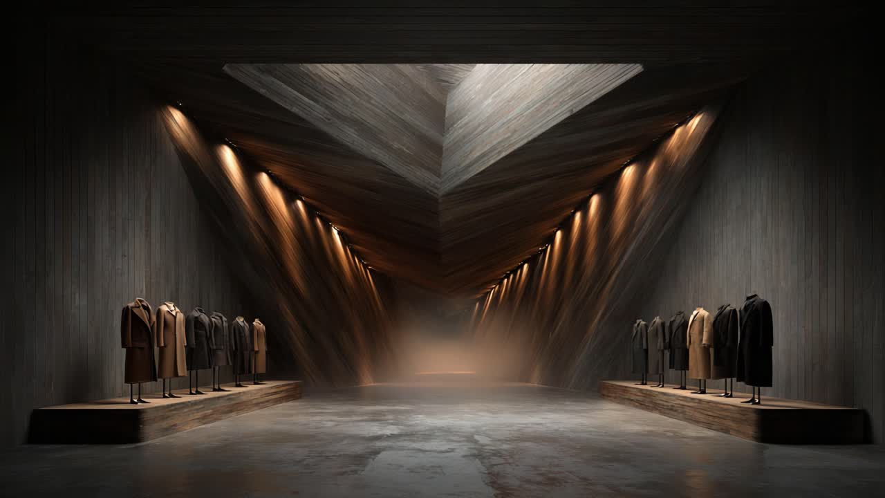 A Stunning Interior Showcase of Fashion Design Featuring Stylish Garments Displayed Along the Walls of a Unique Geometric Space with Warm Lighting and Textured Surfaces