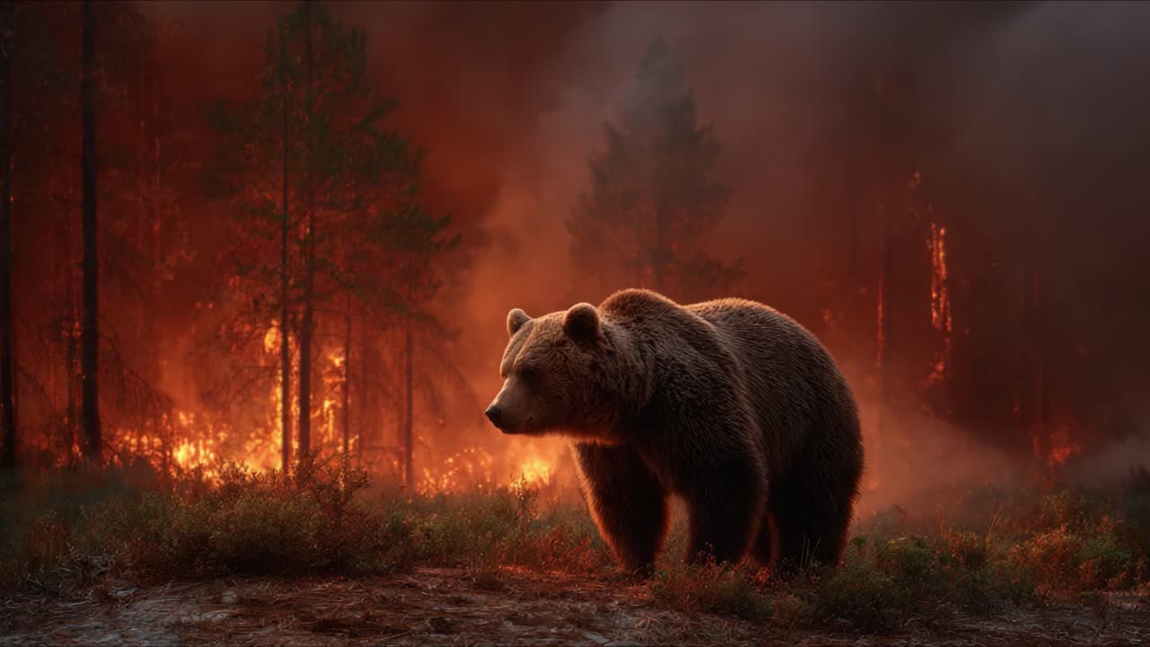 A Grizzly Bear Stands Majestically Amidst Wildfire, Capturing the Intense Contrast Between Nature's Resilience and the Destructive Power of Fire in a Forested Landscape