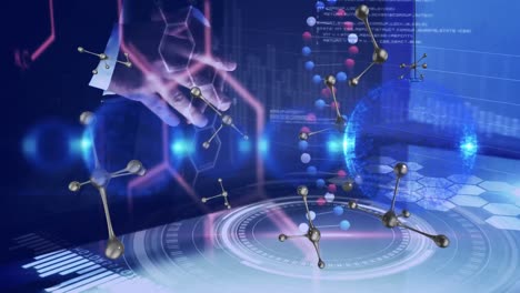 Animation-of-molecules-and-dna-over-hands-of-caucasian-businessman-using-touchscreen