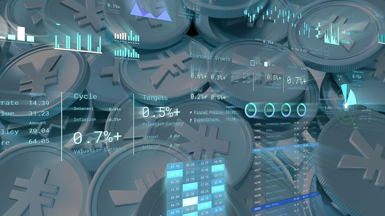 Animazione di elaborazione dati finanziari su monete di yen giapponesi