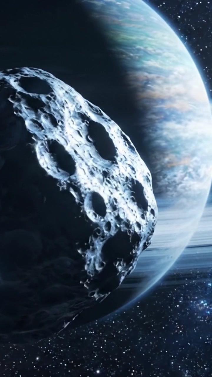 Oltre l'orizzonte cosmico: un asteroide passa vicino a un gigante gassoso colorato circondato da anelli eleganti nelle profondità dello spazio