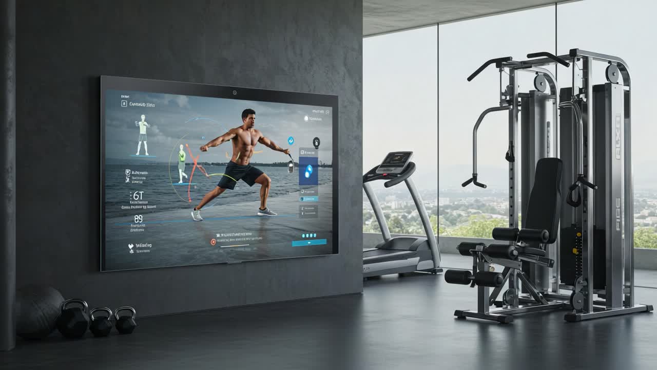 Innovative Home Gym Setup Featuring Interactive Fitness Display and High-Tech Equipment for Ultimate Workouts and Performance Tracking