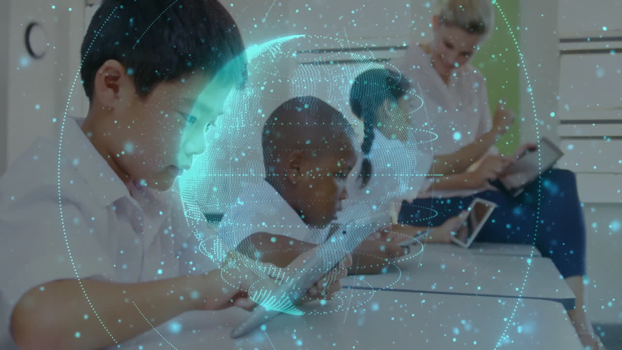 Children using tablets in classroom with digital globe animation overlay