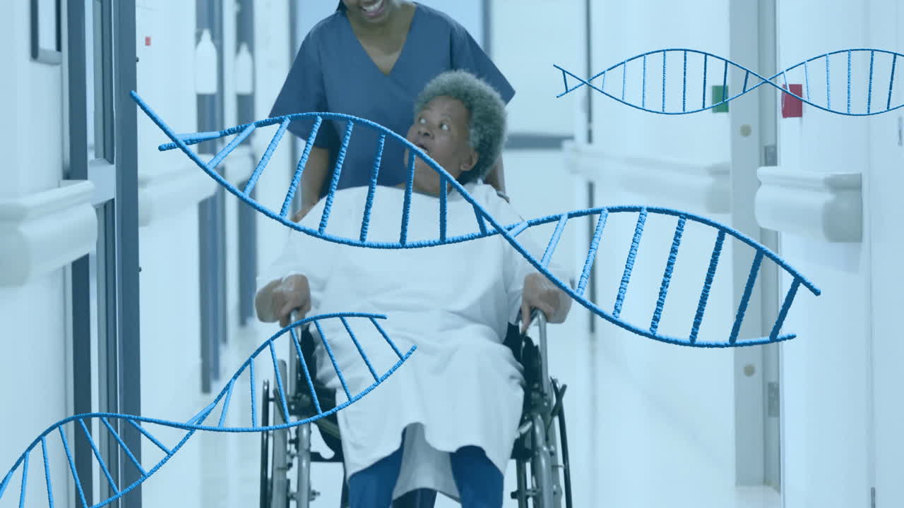 Animation of dna strands over diverse female doctor and patient in hospital