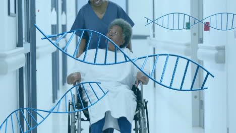 animación de cadenas de adn sobre diversas mujeres médico y paciente en el hospital