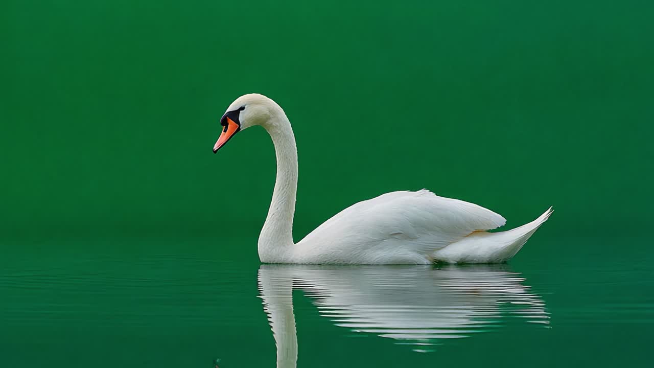 A Graceful Swan Gliding Through Calm Waters, Mirroring Its Elegant Form Against a Vibrant Green Background, Capturing the Tranquility of Nature's Beauty