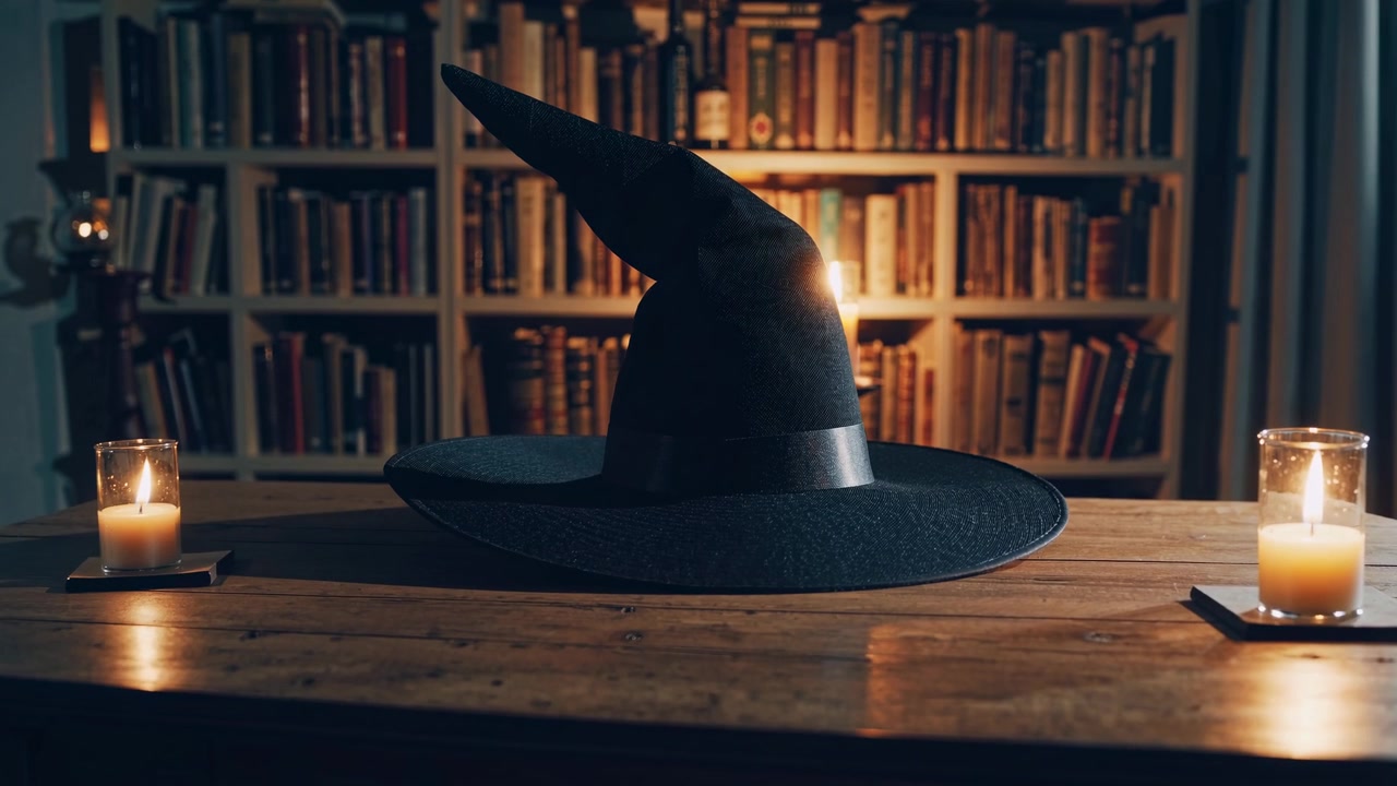 Black Witch Hat on Wooden Table in Library with Candles