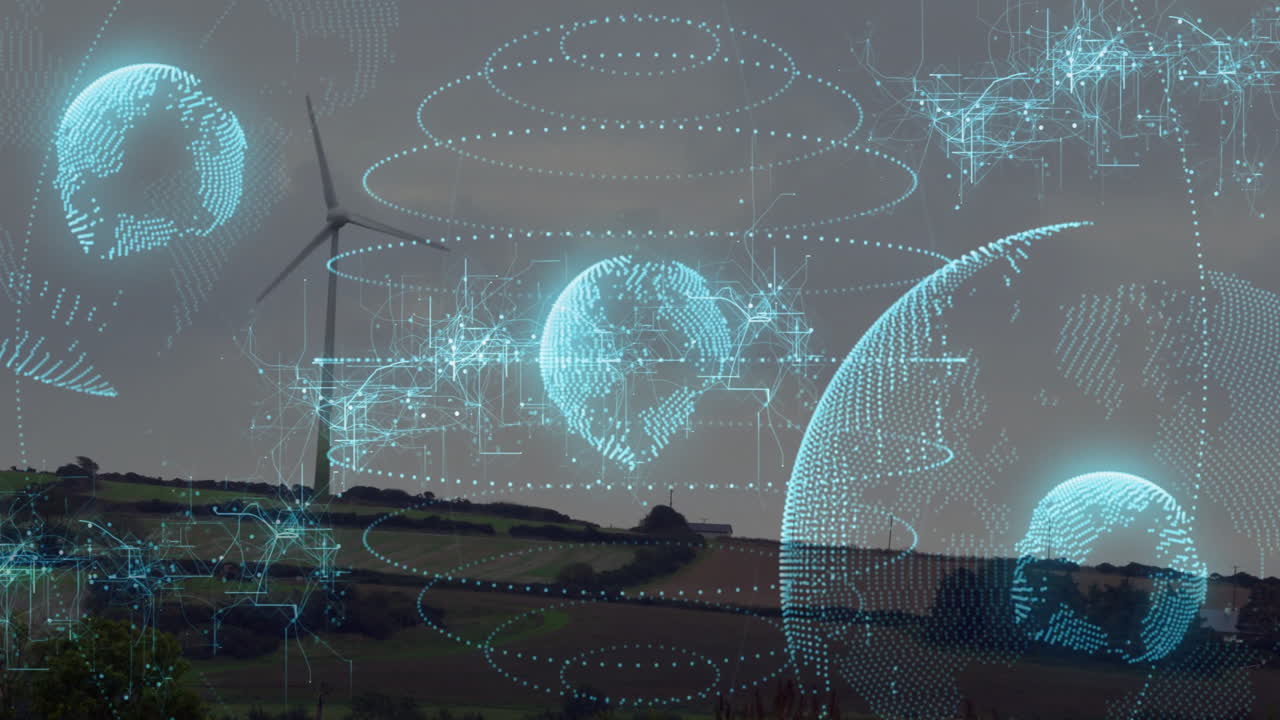Wind turbines in rural landscape with digital globe and network connections animation