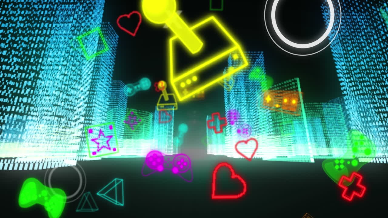 디지털 시티 위의 게임 아이콘의 애니메이션