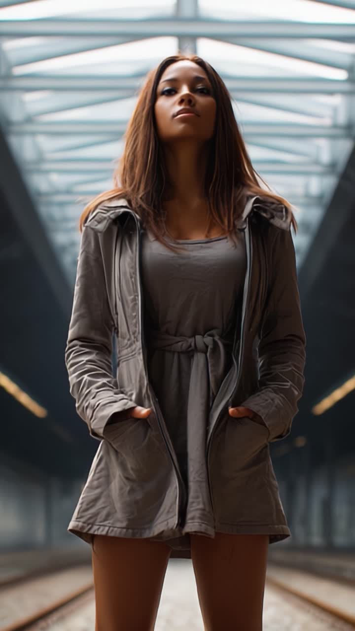 Giovane donna sicura di sé posa con stile in uno spazio interno moderno con un'estetica urbana, mostrando abiti alla moda e un atteggiamento deciso in due scatti accattivanti.