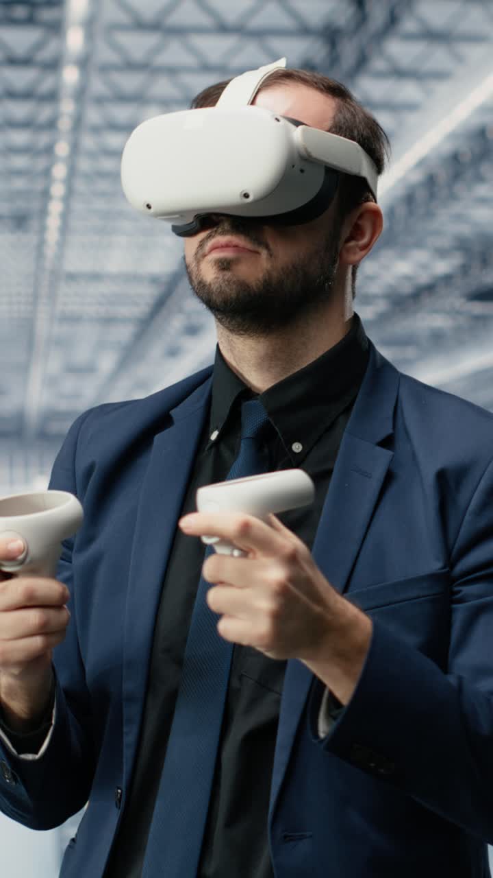 Vertical video Man and coworker in microchip factory using VR goggles gear