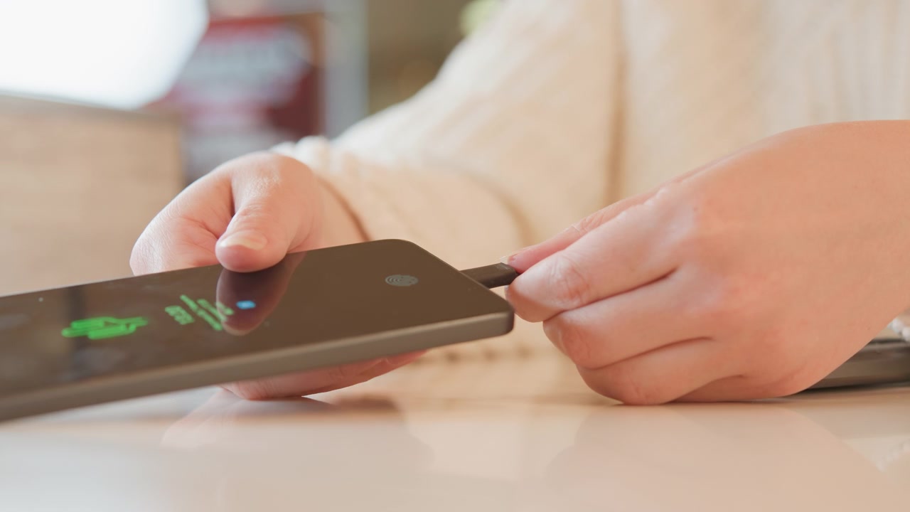 Close-up shows hands fitting miniature mechanical piece, smoothing metal edge with handheld tool, then aligning cable connector into portable device on white tabletop under soft light