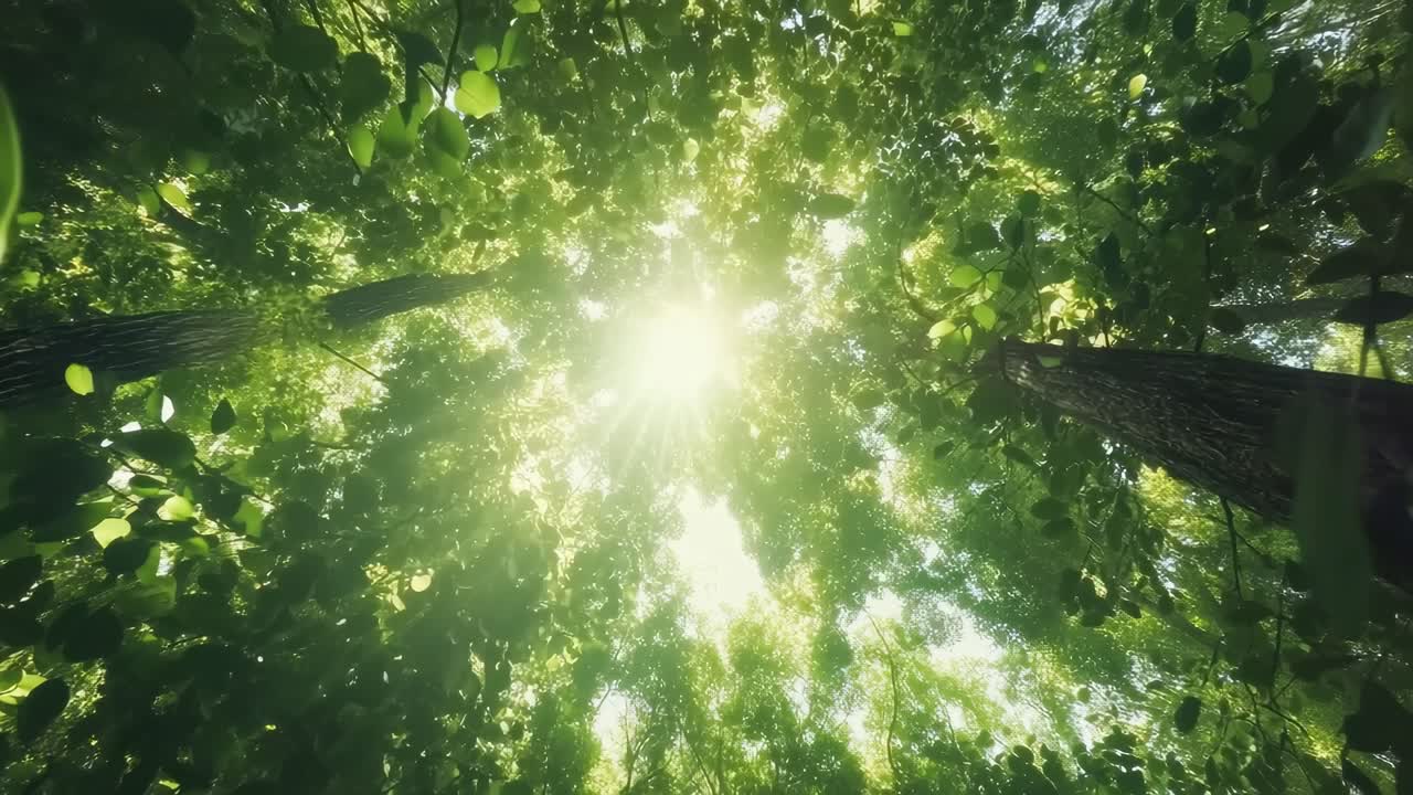 生い茂る緑の葉を通して木漏れ日が差し込む、穏やかな見上げ視点の動画。