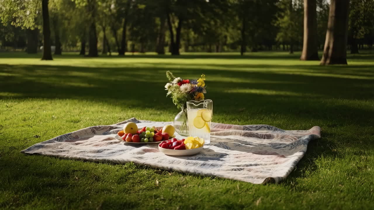 Picnic setup on a sunny green lawn with fruit and lemonade