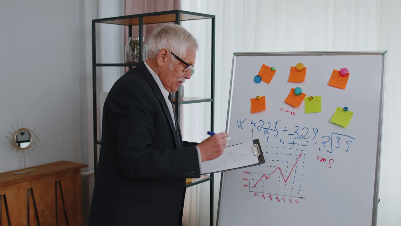 상급 사업가 코치 컨퍼런스 리더 회의 연설자 사무실 화이트보드에 프로젝트 전략을 설명