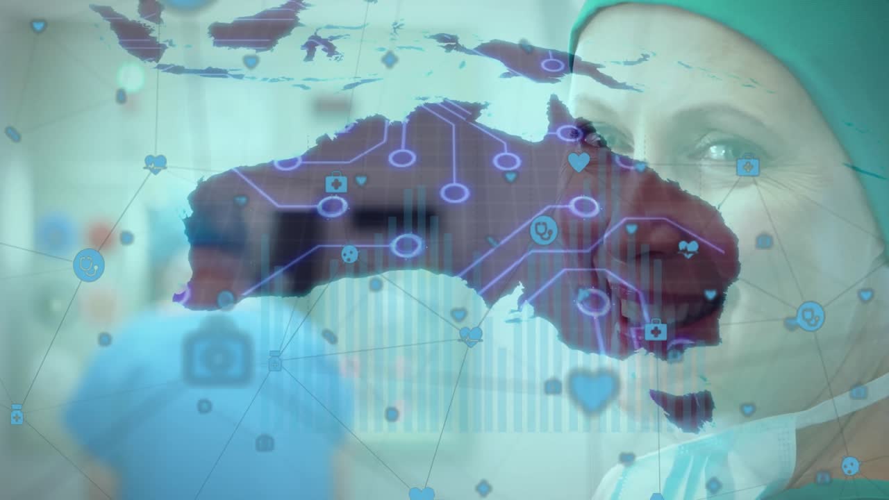 의료 아이콘 위에 백인 여성 의사의 애니메이션