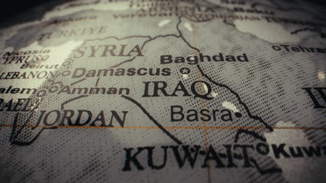 close-up of a world map focusing on middle eastern countries