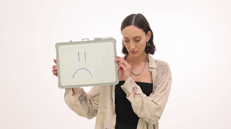 Woman showing a sad face on a whiteboard