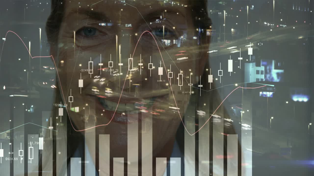 senior finance expert gazing at camera through city light trails, showing stock chart overlays