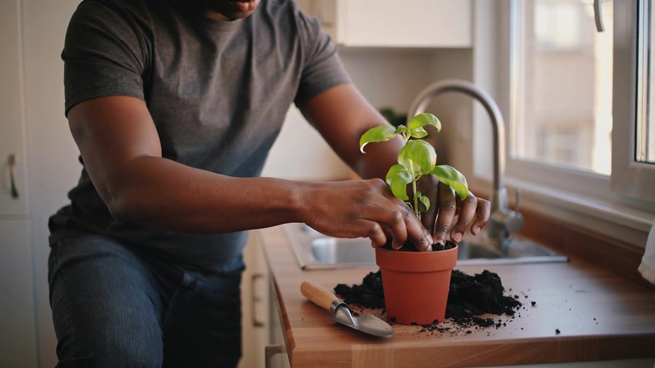En mann i t-skjorte og jeans løfter rotklumpen og potter om en frøplante i en leirpotte på kjøkkenbenken ved hjelp av en liten spade.