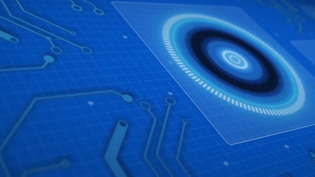 파란색 배경에 대한 둥근 스캐너, 마이크로프로세서 연결 및 데이터 처리 애니메이션