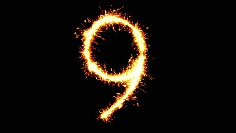 number 9 text sparkler writing with glitter sparks particles firework on black 4k loop background