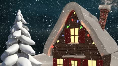 Animation-Einer-Winterlandschaft-Mit-Dekoriertem-Haus-Auf-Blauem-Hintergrund