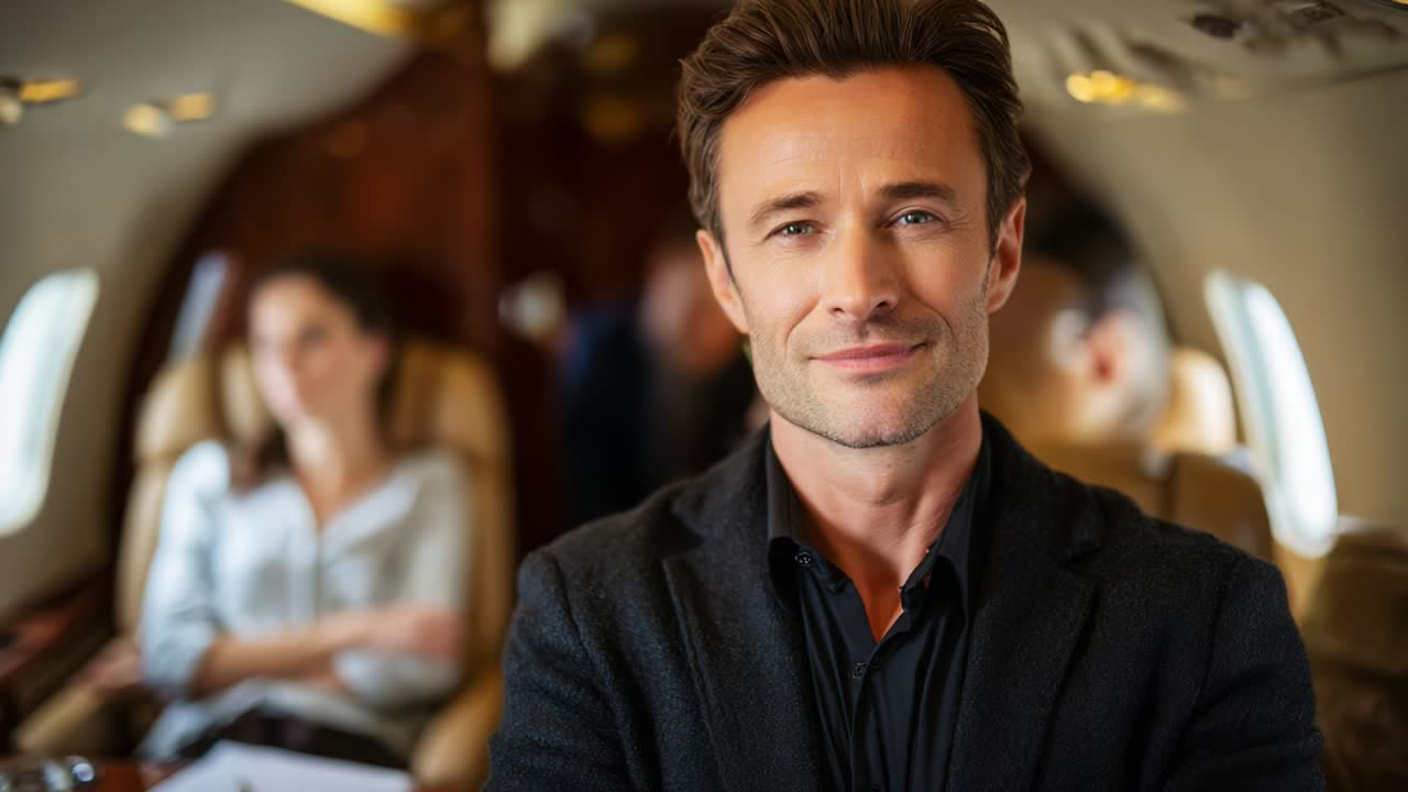 A Confident Businessman Relaxing in a Luxurious Private Jet Cabin, Showcasing Success and Comfort During a Flight, with a Pensive Companion in the Background Capturing an Ambience of Wealth and Professionality
