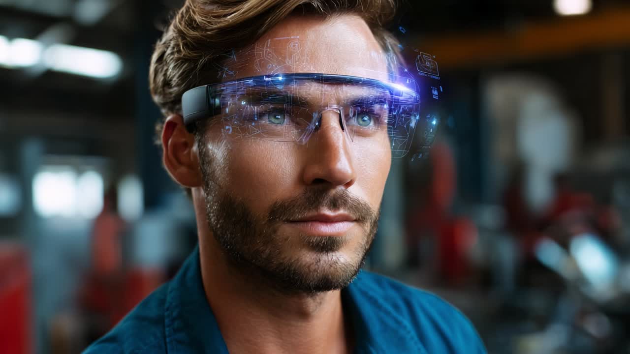 A close-up of a man wearing futuristic augmented reality glasses that project holographic details, showcasing advanced technology and innovation within a modern industrial environment, highlighting digital interaction