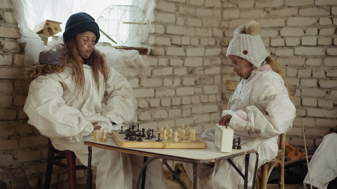 Orphan girl in white winter outfit plays careful chess on folding table beside older sister in cold brick room, knit hat, cage on window ledge, quiet focus, survival mood during nuclear war