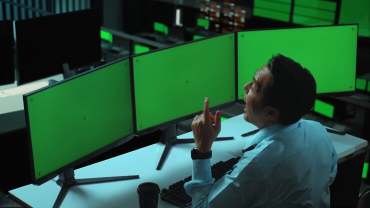 Vista laterale di un uomo asiatico che pensa a qualcosa e poi alza il dito indice mentre lavora con più monitor di computer con schermo verde fittizio in ufficio