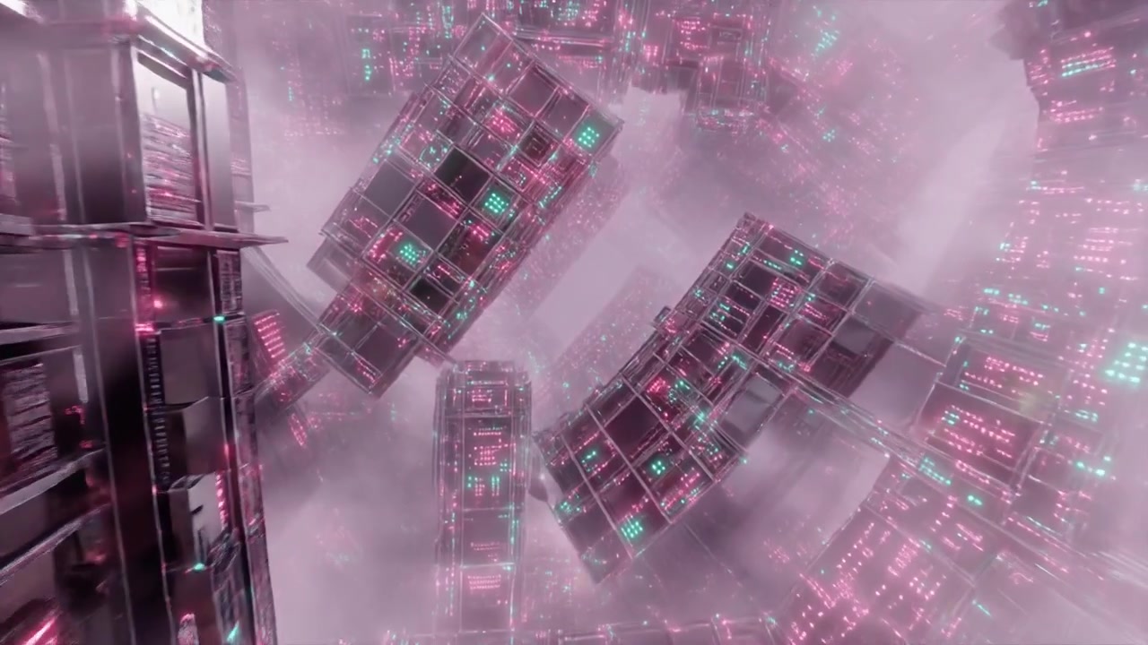 Abstract Futuristic Data Center with Glowing Neon Server Towers
