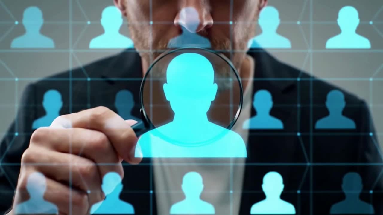 A man is looking at a group of people on a computer screen