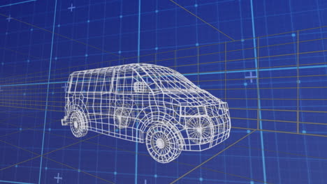 animación del procesamiento de datos y formas sobre el coche digital sobre fondo azul