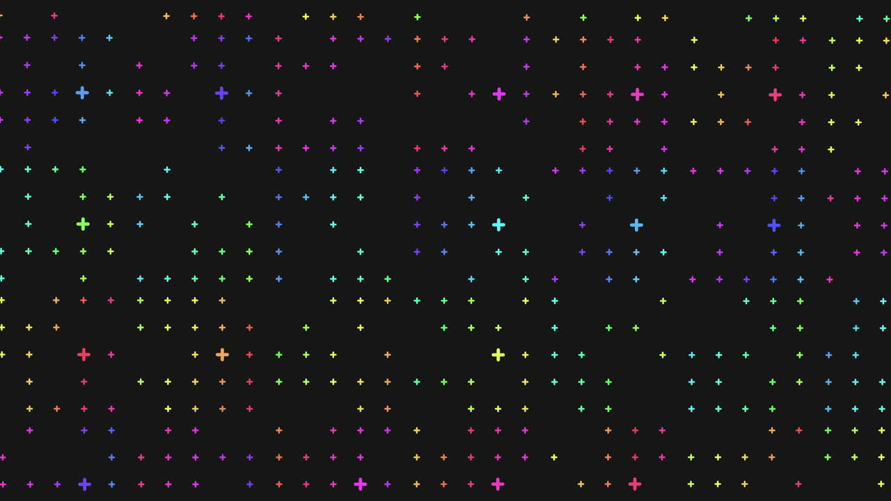 Seamless abstract footage of colorful plus sign particles moving on a dark background, creating a modern digital tech pattern ideal for motion backgrounds, presentations, overlays and futuristic