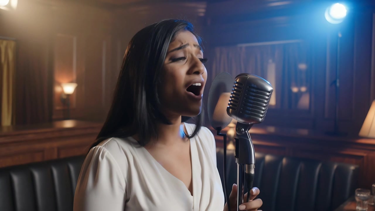 Opening chord Indian singer in wrap-dress singing into vintage mic in club gripping stand emotional