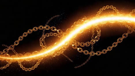 a radiant dance of chains and light: an enchanting display of sparkling gold links intertwined against a mysterious black background, creating a hypnotic visual experience