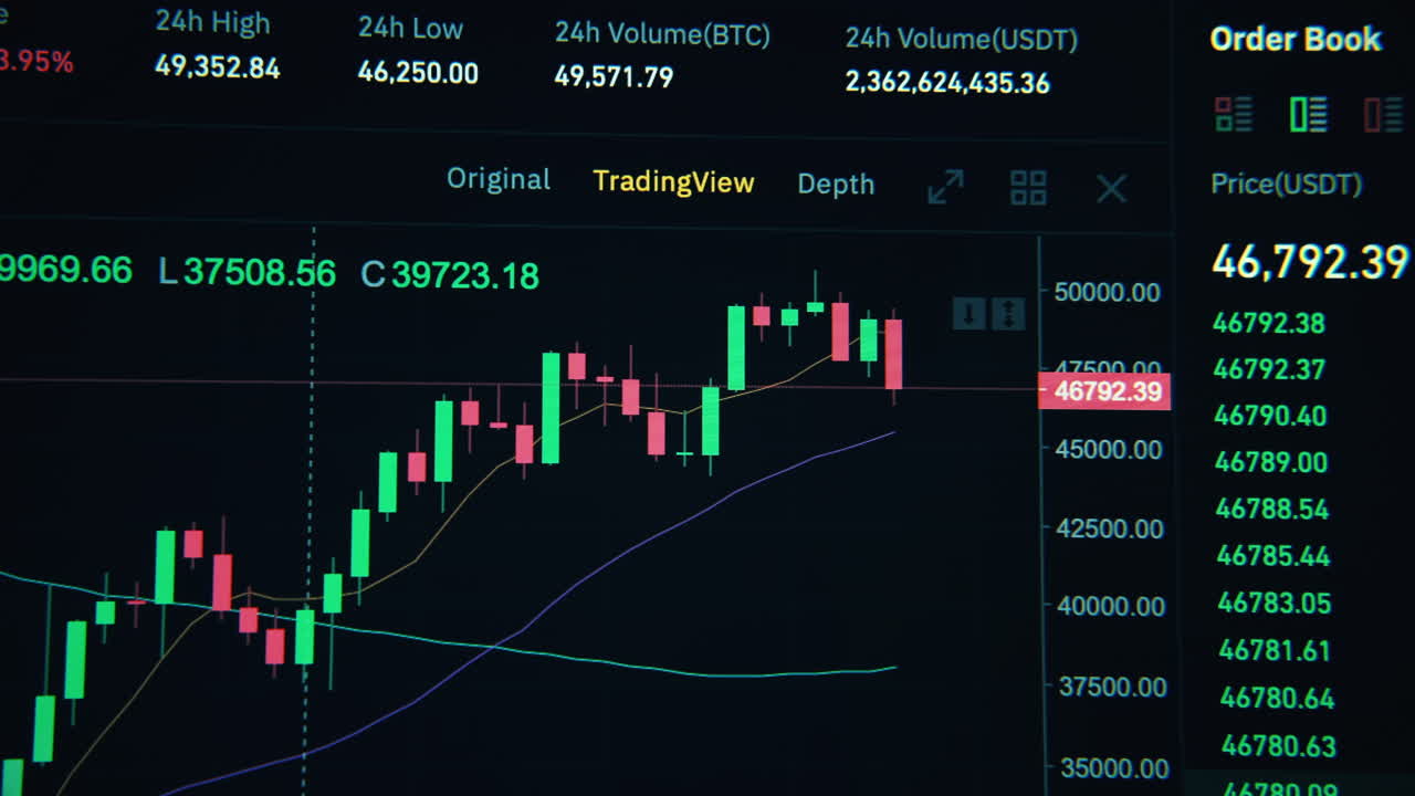 Close view of a screen with Stocks on it. Full Bitcoin info, prices, graphs, history, dynamic changing