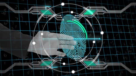 human hand scanning over fingerprint biometric scanner against grid network of black background