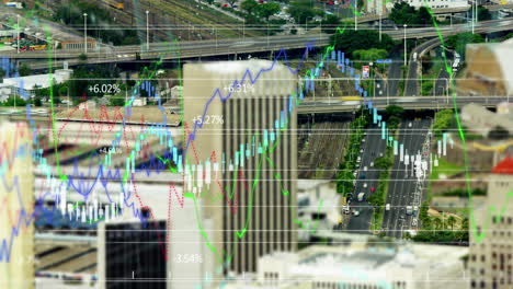 financial data over city buildings and roads.