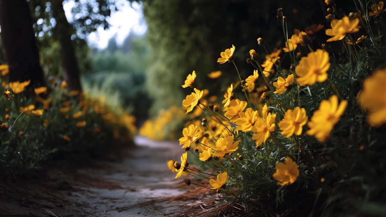 Un sentiero tranquillo fiancheggiato da vivaci fiori gialli che illuminano la natura circostante, in un ambiente forestale sereno, durante i momenti di relax della primavera.