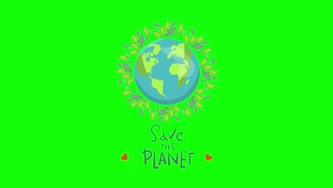 save the planet. green screen. motion graphic flat animation footage. world concept. world environment day. ecology friendly.earth globe with leaves. lettering. logo. energy saving, ecology